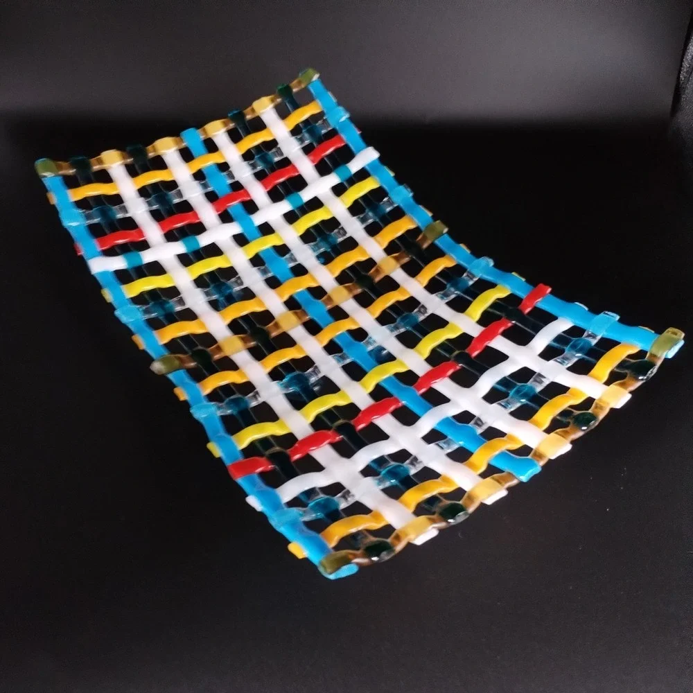 Vintage Fused Art Glass Lattice Tray Woven Grid Bowl Platter Colorful Blue Feet
